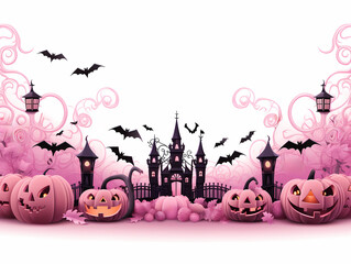 pink banner with free space for text with stack of gift boxes and balloons. halloween template with black purple colors, bats and dark castles. generative ai