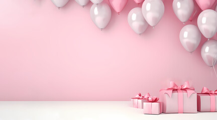 pink banner with free space for text with stack of gift boxes and balloons. halloween template with black purple colors, bats and dark castles. generative ai