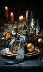 Fototapeta na wymiar Christmass and New Year party table setting with winter holiday decorations