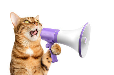 Domestic cat with a megaphone on a white background.