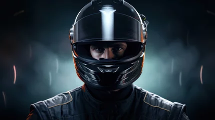 Fototapeten F1 Ace: Portrait of a Formula One Pilot Sporting a Helmet, True Essence of an F1 Driver. © Ai Studio