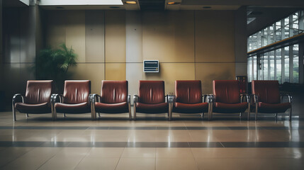 An interior waiting or lounge area with red leather or vinyl seating