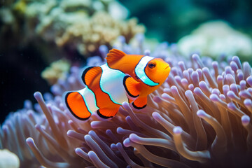 A shot of a clownfish in the anemone - obrazy, fototapety, plakaty
