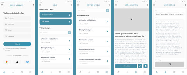 Write, Create new Article and List of Articles, Writing document and Notes Screens App Ui Kit Template