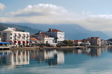 The seafront of the old town. Beautiful mediterranean landscape with the image of Bay of Kotor in...