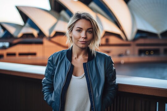 Studio portrait photography of a content girl in her 40s wearing a trendy bomber jacket at the sydney opera house in sydney australia. With generative AI technology