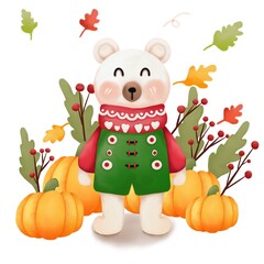 Watercolor Cute Bear and Pumpkin with  Autumn plant and leaves