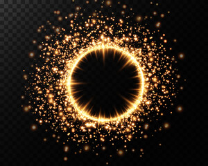 Golden neon ring. Round shape with small particles of golden dust and lights, shiny frame on an isolated and transparent background.