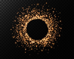 Golden neon ring. Round shape with small particles of golden dust and lights, shiny frame on an isolated and transparent background.