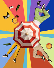 Leisure activities and fun. Male legs under umbrella on colorful background. Playing online video...