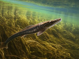 Agile European Eel, slender fish glides through clear freshwater, made with Generative AI