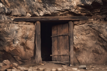 Primitive wooden door in old stony hut