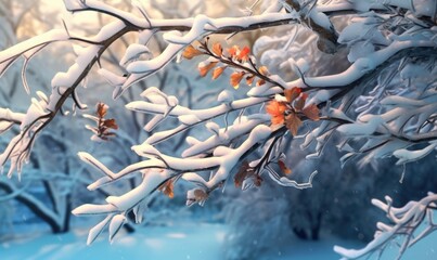 Art of winter morning nature background with snow-covered Christmas tree branches, made with Generative AI