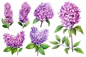 Watercolor image of a set of lilac flowers on a white background