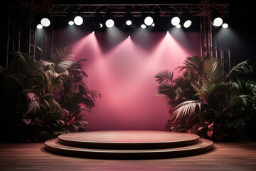 Empty product display mock up with tropical palm leaves and spot lights. Tropical background concept