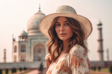 Lifestyle portrait photography of a blissful girl in his 30s wearing a whimsical sunhat in front of the taj mahal in agra india. With generative AI technology