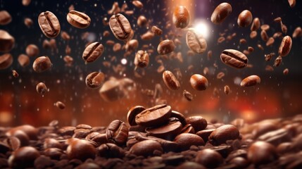 coffee beans flying in the air on a dark red background, in the style of intense texture collage, uhd image, wimmelbilder, soggy, photo taken , cabincore, brown and azure, made with Generative AI - obrazy, fototapety, plakaty