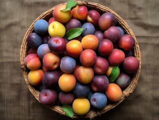 Colorful African plums, arranged in a burlap container, captured in a top view to showcase their variety, made with Generative AI