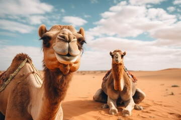 Two camels sitting with background of cloudy sky and orange sand in the desert