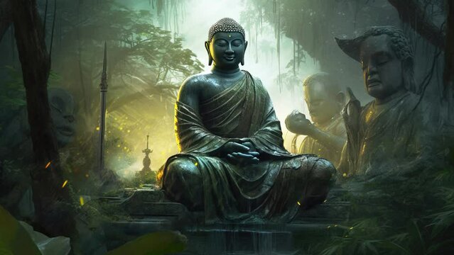 Slow motion hindu ancient religious buddha statue in dense tropical forest jungle.