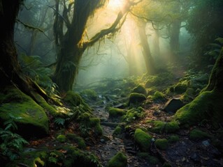 Enchanting forest adorned with Christmas trees and shimmering lights, creating a magical winter wonderland, made with Generative AI