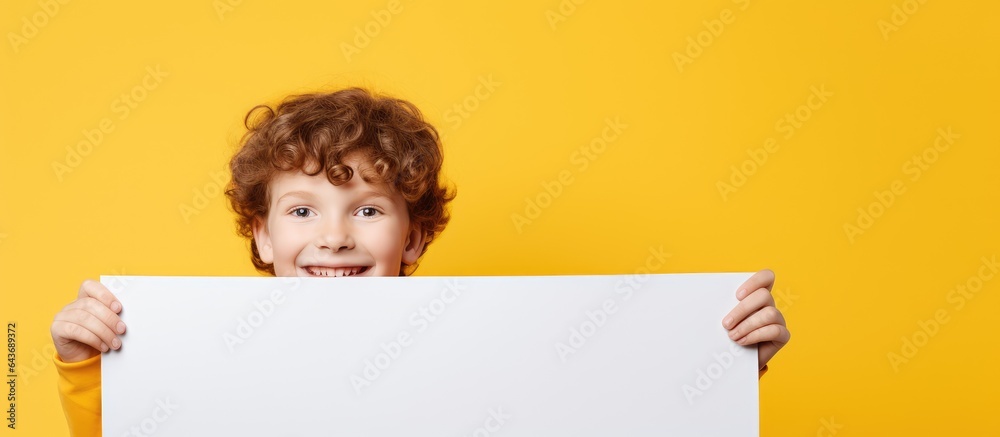 Poster a happy young boy stands behind a white advertising board smiling at the camera with space for text 