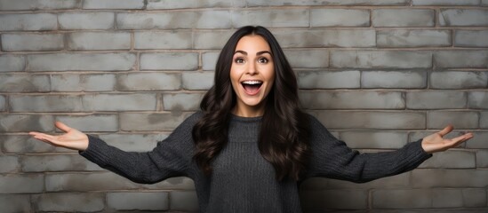 Excited young woman pointing with open palms presenting advertisement and smiling happily