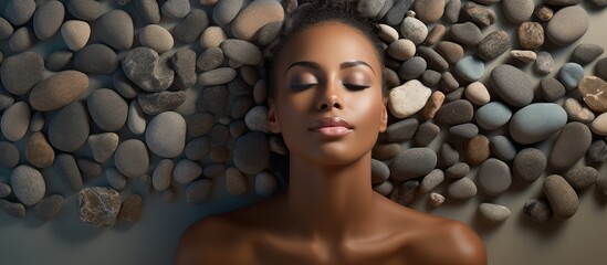 African American woman with pebbles on back promotes national spa week Public awareness of health and relaxation benefits