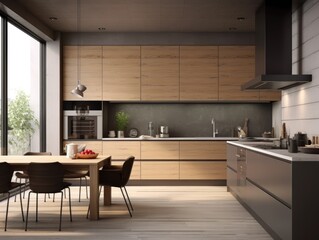 A pot with unpeeled potatoes stands on the worktop made of light - colored wood, the location is a modern kitchen with light - colored kitchen cabinets, a window can be seen in the background 