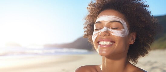 Biracial woman at beach applying cream digital composite for skin awareness - Powered by Adobe