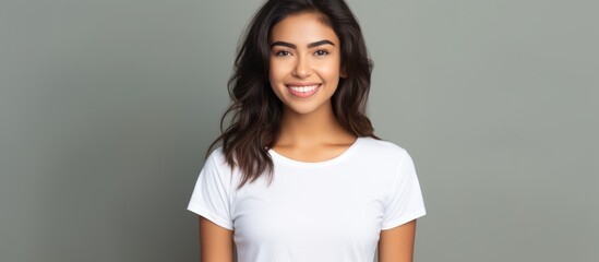 Isolated young Hispanic woman in white t shirt with background for copy space