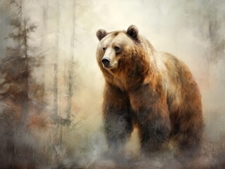 Majestic brown bear, a symbol of wilderness, poised elegantly on a translucent backdrop, embodying natural strength