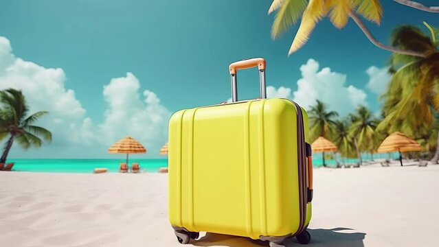 Slow motion yellow suitcase on wheels for tourism, travel along the beach with palm trees.