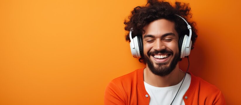 Attractive guy enjoying music with headphones on colored backdrop Room for text