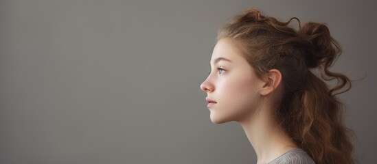 Serious teenage girl s profile portrait on grey background with room for text - obrazy, fototapety, plakaty