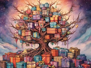 New Year's presents stacked under a beautifully adorned tree, awaiting the stroke of midnight, made with Generative AI
