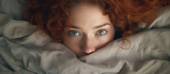 Attractive redhead woman lying in bed covered by a brown blanket one eye exposed copy space