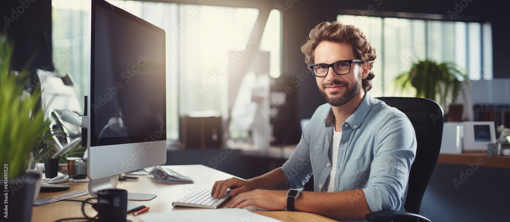 Poster Designer happily editing photos with computer in office
