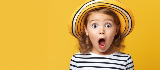 Shocked Caucasian girl in striped T shirt on yellow background with a surprised look gestures towards an empty area