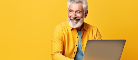 Elderly man with gray hair and a beard smiles while posing for a studio portrait on a yellow background He is wearing a casual blue shirt and is seen working on a laptop computer The image repr - obrazy, fototapety, plakaty