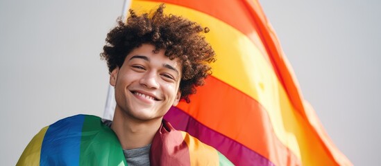 Digital image of a confident biracial man celebrating national coming out day by waving a rainbow flag copy space for lgbt awareness and support of the queer community - Powered by Adobe
