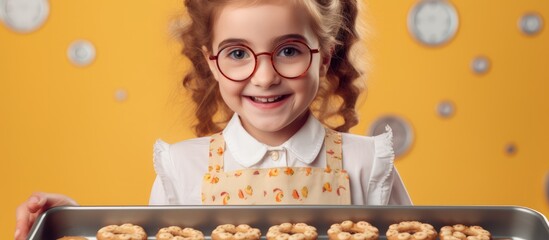 Composite image of a Caucasian girl preparing a biscuit snack celebrating childhood with copy space - Powered by Adobe