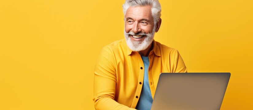 Elderly man with gray hair and a beard smiles while posing for a studio portrait on a yellow background He is wearing a casual blue shirt and is seen working on a laptop computer The image repr