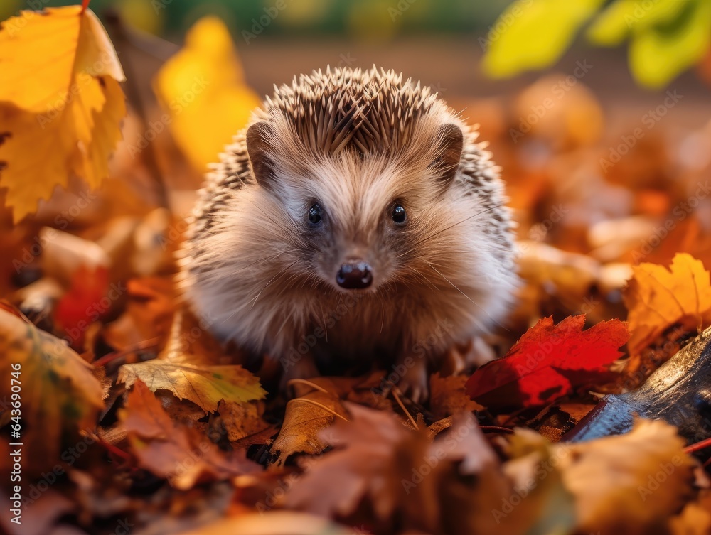 Wall mural Resilient European Hedgehog, spiky mammal navigates fallen leaves in autumn, made with Generative AI