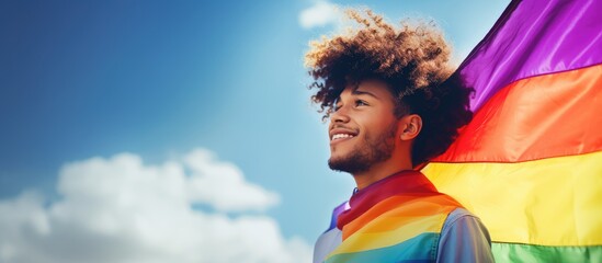 Digital image of a confident biracial man celebrating national coming out day by waving a rainbow flag copy space for lgbt awareness and support of the queer community - Powered by Adobe