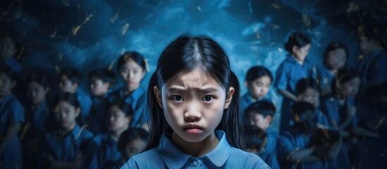 Asian schoolgirl blue background digital composite children s rights protection social issues - Powered by Adobe