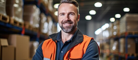 Composite image of a Caucasian mid adult male manager in workwear at a warehouse representing national safety month portrait emphasizing safety protection and the industry with copy space and p