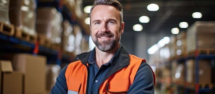 Composite image of a Caucasian mid adult male manager in workwear at a warehouse representing national safety month portrait emphasizing safety protection and the industry with copy space and p