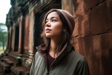 Naklejka premium Photography in the style of pensive portraiture of a tender girl in her 20s wearing a windproof softshell at the angkor wat in siem reap cambodia. With generative AI technology