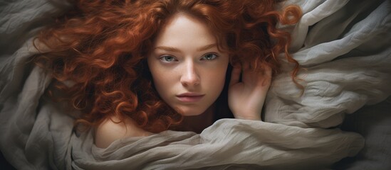 Attractive redhead woman lying in bed covered by a brown blanket one eye exposed copy space